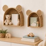 2 adet rattan saklama sepeti, ayı şeklinde duvar rafı | 2 farklı boyutta set (33 × 30 cm ve 28 × 25 cm), çocuk odası, giriş yatak odası, kitap oyuncak bebek saklama, Boho dekor