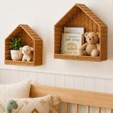 2 adet rattan saklama sepeti, ev şeklinde duvar rafı | 2 farklı boyutta set (34 × 32 cm ve 28 × 26 cm), çocuk odası, giriş yatak odası, kitap oyuncak bebek saklama, Boho dekor