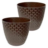 2 adet Rattan Saksı 1,6 lt Gizli Tabaklı Hasır Desenli Çiçek Saksısı 15x13 cm Kahverengi