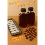 2 Adet Şeffaf Cold Brew Kapaklı Soğuk Kahve Yassı Cam Çok Amaçlı Şişe 200 ml ve Çubuk Buz Kalıbı - Siyah