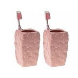 2 Adet Seramik Diş Fırçalık Çiçekli Pembe Model 7X7x12cm Banyo Seti