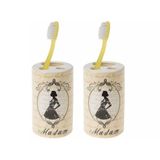2 Adet Seramik Diş Fırçalık Madam Desenli 7X7x11cm Banyo Seti