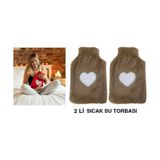 2 Adet Sıcak Su Torbası Peluş Kalpli,bej Termofor 27x17cm 1 Litre Bej