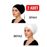 2 Adet Silikonlu Fırfırlı Bone Kaymayan Topuz Bonesi Dikişsiz Siyah Beyaz | Konforlu Pratik Bone