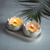 2 Adet Soya Mum Beton Ahşap Fitilli Lotus Çiçek Tabak Seti Kokulu Mum Hediyelik Dekoratif - Beyaz - 1 Adet