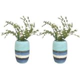 2 ADET VAZO DAHİL,VAZODA ÇİÇEK,BEYAZ YAPAY ÇİÇEK,VAZO DEKORATİF MAVİ ÖRGÜ POLİRESİN 7X7X16CM