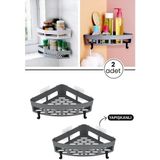 2 Adet Yapışkanlı Köşeli Raf, Vidalama Gerektirmeyen Banyo Duş Şampuan Mutfak Baharat Rafı Gri - 18 x 18 x 26 cm