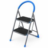 2 Basamaklı Katlanabilir Geniş Metal Merdiven, 150 kg Taşıma Kapasiteli Kaymaz Geniş Basamaklı Gri Mavi Detaylı Kompakt Saklamalı Ev Ofis Bahçe İçin Pratik Çok Amaçlı Step Ladder Yardımcı Merdiven