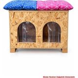 2 Bölmeli 2 Minderli Yerden Yüksek Kedi Yuvası, Su ve Isı Yalıtımı Iç ve Dış Mekan Kedi Barınağı Osb, Kedi Evi 61X41X36 cm CAT51M - Ahşap