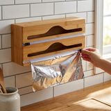 2 Bölmeli Doğal Bambu Folyoluk ve Streç Film Kesici Organizer - Sürgülü Bıçaklı Duvara Monte Edilebilir Çekmece Içi Düzenleyici Pişirme Kağıdı ve Alüminyum Folyo Standı (35,5 x 14 x 7 Cm) - Ahşap