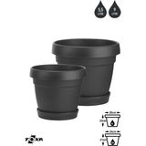 2 Boy Mono Saksı Seti Tabaklı Drenaj Delikli Plastik Çiçek Saksısı Set - Antrasit