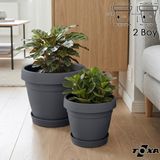 2 Boy Mono Saksı Seti Tabaklı Drenaj Delikli Plastik Çiçek Saksısı Set - Antrasit