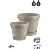 2 Boy Mono Saksı Seti Tabaklı Drenaj Delikli Plastik Çiçek Saksısı Set - Bej
