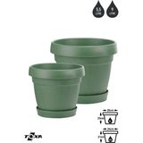 2 Boy Mono Saksı Seti Tabaklı Drenaj Delikli Plastik Çiçek Saksısı Set - Yeşil