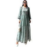 2 Desen Detaylı Şifon, Bisiklet Yaka, Uzun Kollu, Astarlı, 36-46 Beden Elbise (Standart, Yeşil, 46)