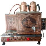2 Gözlü Tam Otomatik Elektrikli ve Tüplü Bakır Çay Kazanı Osmanlı Tuğra Model Çay Semaveri Çay Ocağı