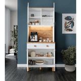 2 Kapaklı Kahve Köşesi – 93 cm Mdf, LED Aydınlatmalı, Çok Amaçlı Mutfak ve Airfryer Dolabı ( Ofis ve Ev Için Uygun - Beyaz - Antik Çam