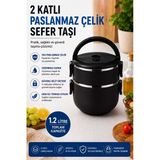 2 Katlı 1.2 Litre Paslanmaz Çelik Sefer Tası Sızdırmaz Kapaklı Yemek Taşıma Kabı Bento Lunch Box 304 Çelik Siyah