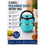 2 Katlı 1.2 Litre Paslanmaz Çelik Sefer Tası Sızdırmaz Kapaklı Yemek Taşıma Kabı Bento Lunch Box 304 Çelik Turkuaz