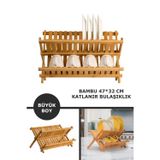 2 Katlı Bambu Katlanabilir Tabaklık Bulaşıklık Büyük Boy Mutfak Bulaşık Kurutma Rafı 47x32 Cm