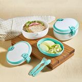2 Katlı Beslenme Kabı, Taşınabilir Sefer Tası, 1100 ml Kapasite, BPA İçermeyen, Çatal Kaşık Seti Dahil, Beyaz Turkuaz, Okul İş Piknik İçin