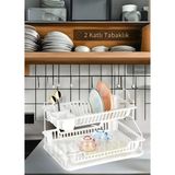 2 Katlı Bulaşıklık Paslanmaz Tezgah Üstü Tabaklık Bpa Free Bulaşık Sepeti Kurutmalık Beyaz