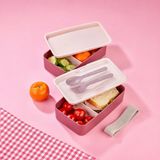 2 Katlı Çatal Kaşıklı Beslenme Kutusu Dikdörtgen, Bölmeli Yemek Saklama Kabı, Öğrenci ve Sporcu İçin Pratik Lunch Box (Pembe)