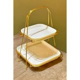 2 Katlı Kare Gold Metal Standlı Mika Sunumluk Şekerlik Lokumluk Kurabiyelik