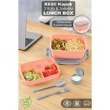 2 Katlı Kilitli Kapak Yemek Kabı - Bölmeli Diyet Beslenme Kutusu Sosluk Çatal Kaşık Pembe