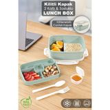 2 Katlı Kilitli Kapak Yemek Kabı - Bölmeli Diyet Beslenme Kutusu Sosluk Çatal Kaşık Yeşil