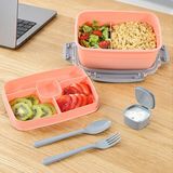 2 Katlı Kilitli Kapak Yemek Kabı - Bölmeli Lunch Box Diyet Beslenme Kutusu Sosluk Çatal Kaşık Pembe