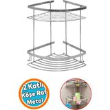 2 Katlı Krom Banyo Köşelik Şampuan Askı Kese Sabun Duş Raf - Gümüş
