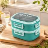 2 Katlı Paslanmaz Çelik Lunch Box, Sızdırmaz Kilitli Beslenme Kabı,Yeşil
