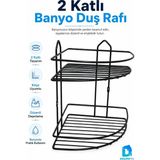2 Katlı Siyah Banyo Duş Rafı Köşe Metal Şampuan Sabunluk