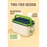 2 Katlı Taşınabilir Yemek Kabı Lunch Box Diyet Beslenme Kutusu Saklama Kabı Çatal Kaşıklı Sefer Tası - Yeşil
