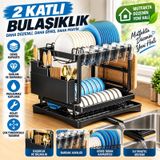 2 Katlı Tezgah Üstü Tepsili Bulaşıklık Tabaklık Kurutmalık Bardaklık Çatal Kaşık Bıçaklık Mutfak Organizeri Beyaz - Siyah