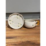 2 Kişilik El Yapımı Seramik Çay Kahve Takımı - Papatya Desenli Fincan ve Tabak Seti - Sarı - Yeşil - Beyaz - 2 Adet
