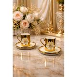 2 Kişilik Porselen Gold Platin Kaplama Lotus Çiçekli Kahve Fincan Takımı Seti 100ml Altın