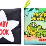2 Kitap Tox İngilizce Siyah-Beyaz Bebek ve Safari Hayvanları Kumaş Sessiz Kitap E136 E130 - Bez Kitap , Eğitici Oyuncak