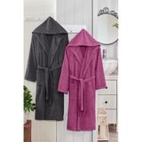 2 Li Kapşonlu Unisex Banyo Bornozu Seti %100 Soft Pamuklu Antasit-mürdüm