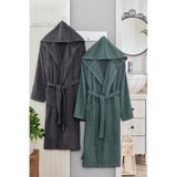 2 Li Kapşonlu Unisex Banyo Bornozu Seti %100 Soft Pamuklu Antasit-yeşil