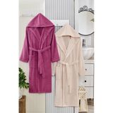 2 Li Kapşonlu Unisex Banyo Bornozu Seti %100 Soft Pamuklu Mürdüm - Bej