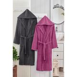 2 li Kapşonlu Unisex Banyo Bornozu Seti%100 Soft Pamuklu (Antrasit-Mürdüm, S-M)