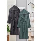 2 li Kapşonlu Unisex Banyo Bornozu Seti%100 Soft Pamuklu (Antrasit-Yeşil, S-M)