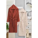 2 li Kapşonlu Unisex Banyo Bornozu Seti%100 Soft Pamuklu (Kiremit-Bej, 3XL)