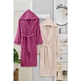2 li Kapşonlu Unisex Banyo Bornozu Seti%100 Soft Pamuklu (Mürdüm-Bej, 3XL)