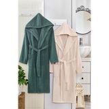2 li Kapşonlu Unisex Banyo Bornozu Seti%100 Soft Pamuklu (Yeşil-Bej, 3XL)
