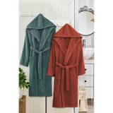 2 li Kapşonlu Unisex Banyo Bornozu Seti%100 Soft Pamuklu (Yeşil-Kiremit, 3XL)