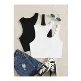 2 Li Paket Asimetrik Yaka Siyah Beyaz Renk Desensiz Fitilli Kolsuz Askılı Likralı Fit Spor Büstiyer