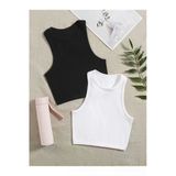 2 Li Paket Bisiklet Yaka Siyah Beyaz Renk Fitilli Kolsuz Fit Crop Top Bluz